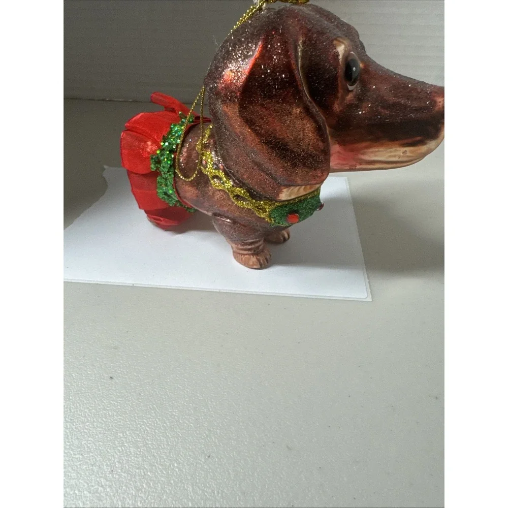 Robert Stanley Vintage Christmas Blown Glass Ornament Brown Dog W Red Tutu